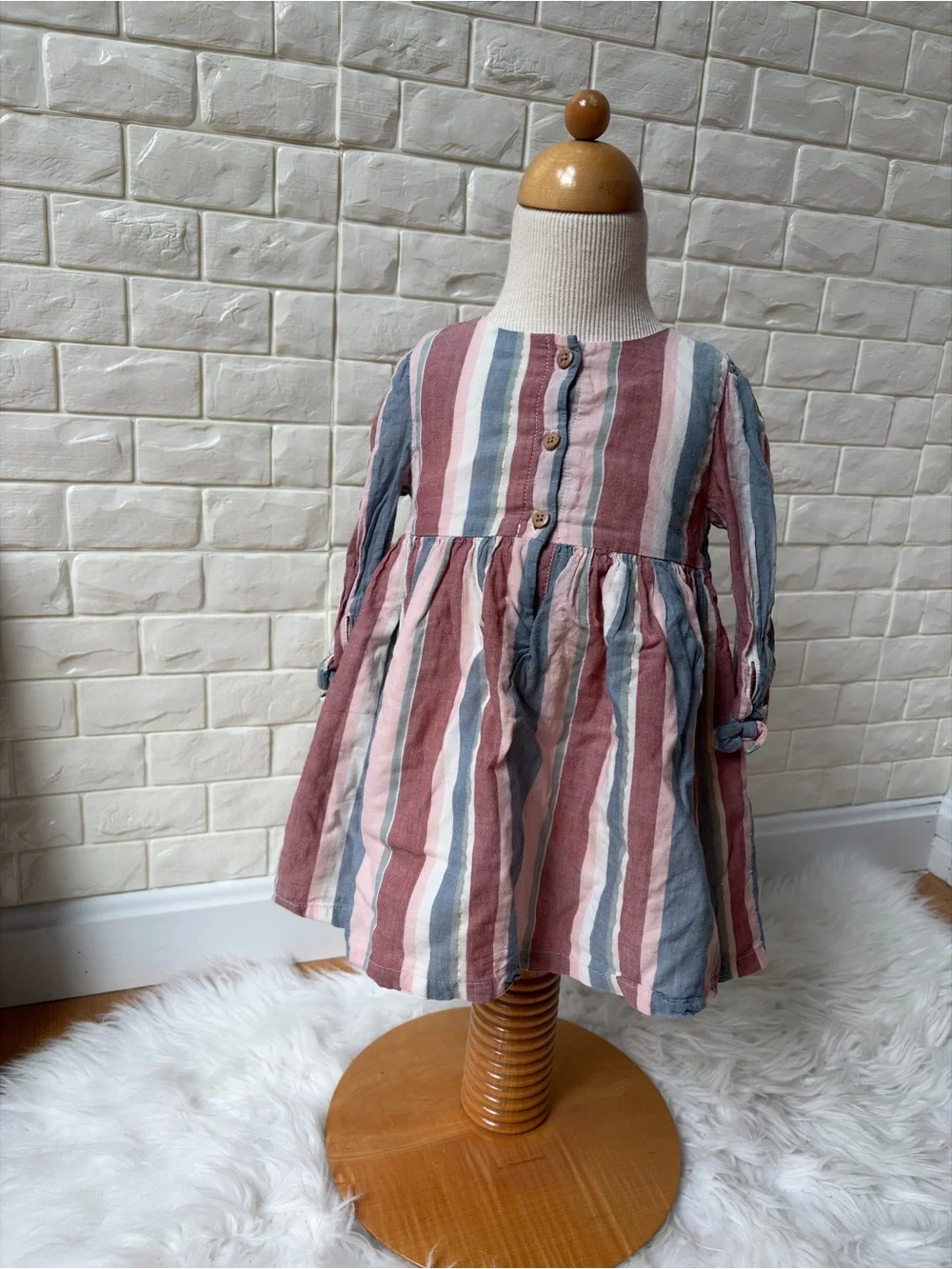Striped Long-Sleeve Casual Dress for Kids - Pink & Blue